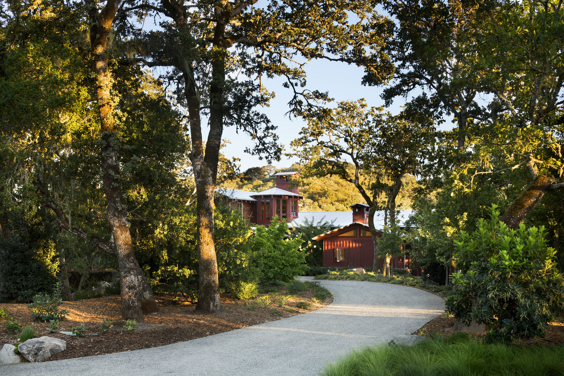 Views to the house become slowly revealed along the entry drive, along which existing trees were preserved and additional ornamental understory plantings added. (Photo credit: Peter Aaron/OTTO for Robert A.M. Stern Architects)