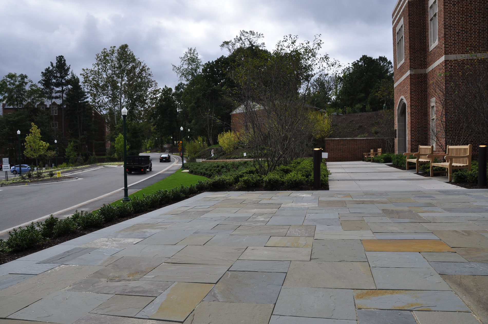 View from the entry plaza back to the hillside garden and along University of Richmond Drive.