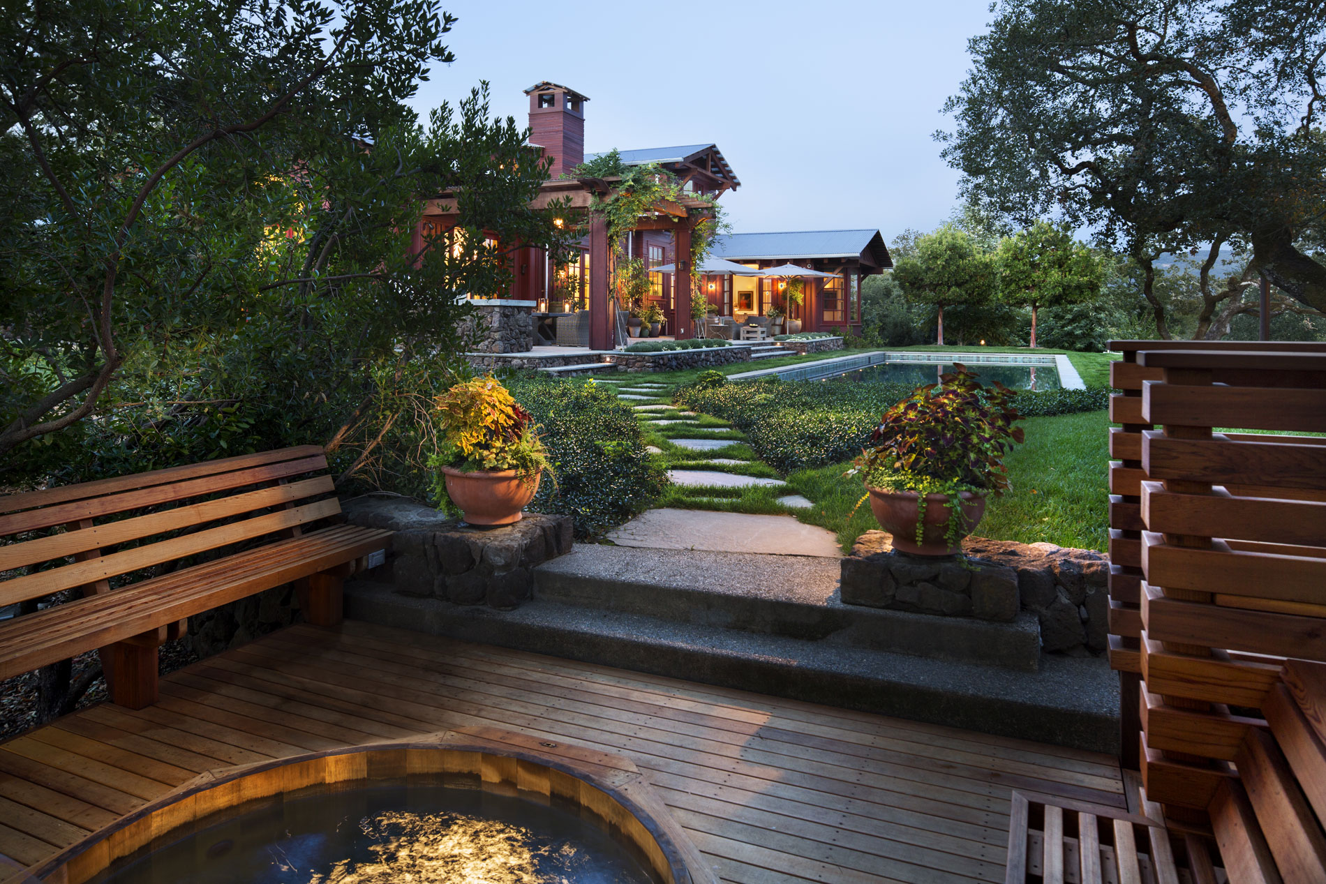 View from the spa to the main house. (Photo credit: Peter Aaron/OTTO for Robert A.M. Stern Architects)