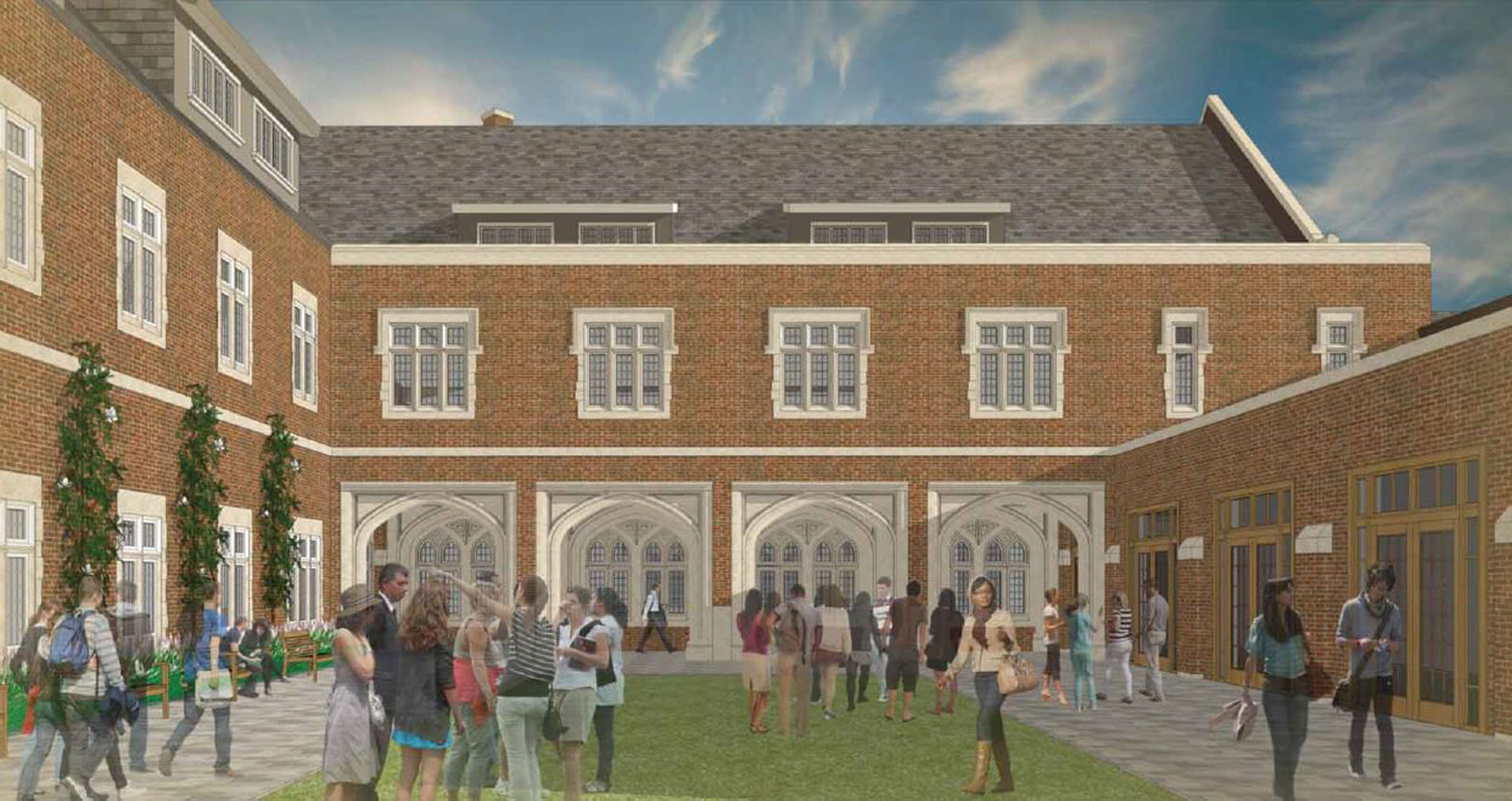 Rendering of the courtyard showing benches and espaliered Magnolias to the left.