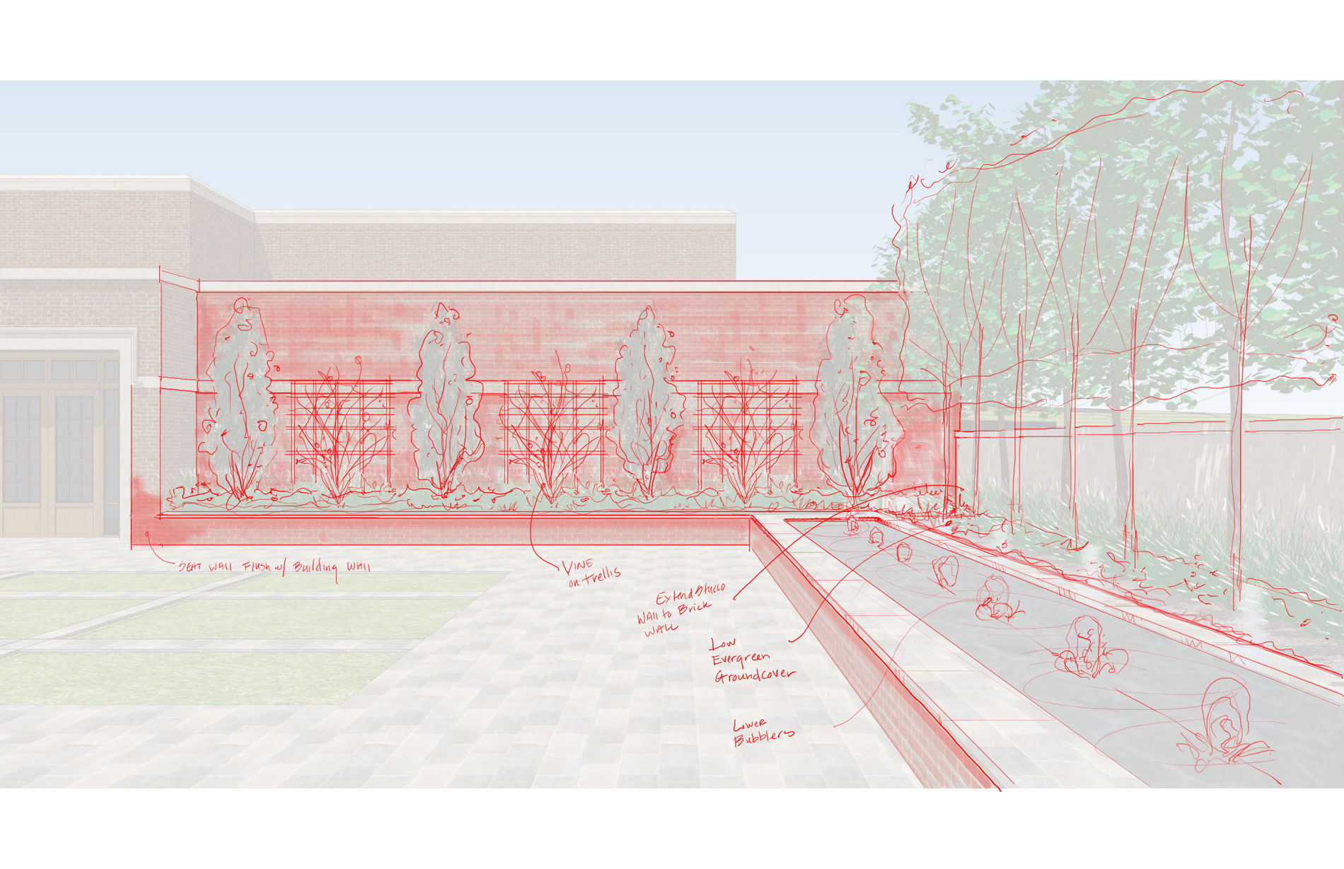 Design sketch from the corner of the courtyard showing fountain and aerial hedge to the right, and espaliered Camellias on the building wall ahead.